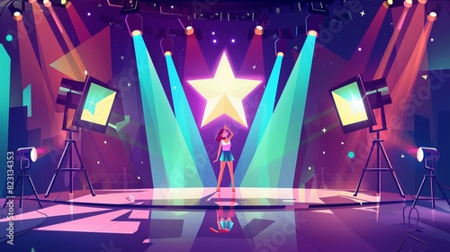 A female acrobat performs on stage with a large star and spotlights  video cameras recording the performance for television. A cartoon modern contest sign shows how the jury vote for the contest