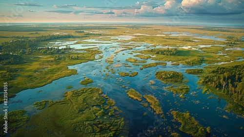 An aerial view of a wetland conservation area, showcasing its importance for migratory birds