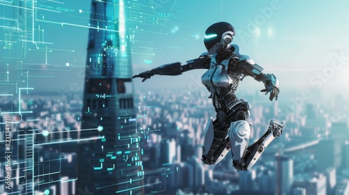 Cyborg woman in superhero iron suit taking off from futuristic city with jetpack rocket engine. Robotic woman soars above the city in superhero iron suit. photo
