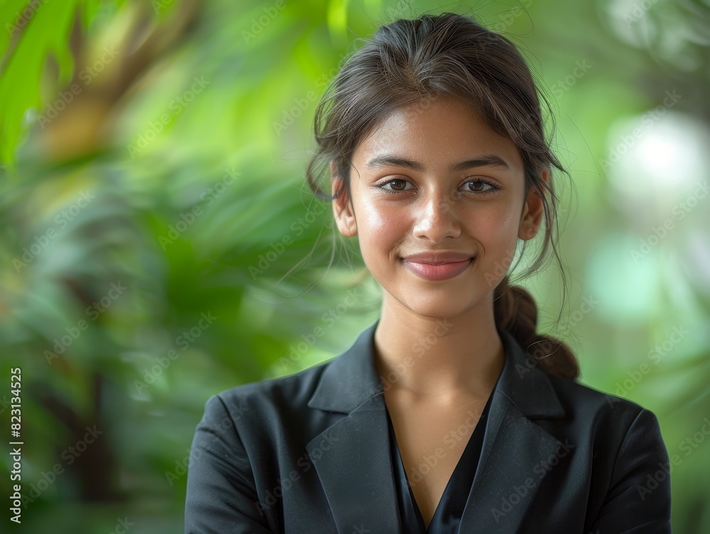 Young Indian woman, professional attire, nodding in agreement, isolated on a bright green background, copy space below Young Indian woman, professional attire, nodding in agreement, isolated on a bright green background, copy space below