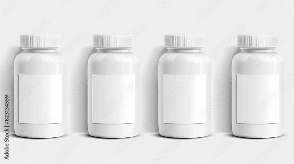 The mockup included a realistic 3D modern set of white medicine jars with blank labels. It includes templates for round closed containers to hold pills, pills, or powder. The mockup included a realistic 3D modern set of white medicine jars with blank labels. It includes templates for round closed containers to hold pills, pills, or powder.