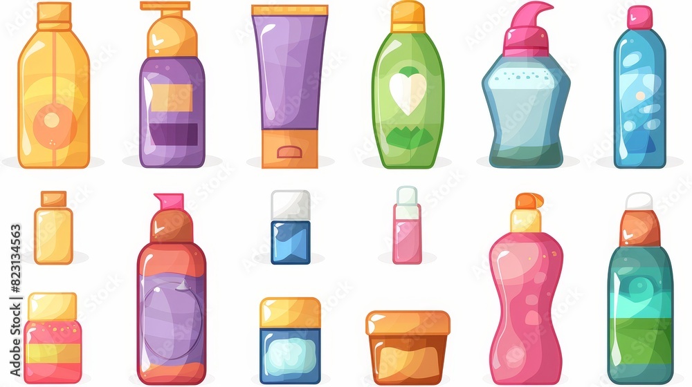 Various skin care and cleansing cosmetic products. Cartoon illustration set of bottles and containers with cream and shampoo, lotion and moisturizer. Daily health care and beauty hygiene routine Various skin care and cleansing cosmetic products. Cartoon illustration set of bottles and containers with cream and shampoo, lotion and moisturizer. Daily health care and beauty hygiene routine