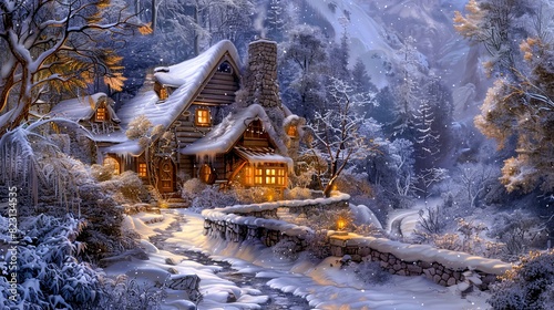 A cozy cottage nestled in a snowy forest, illuminated by warm glowing lights. Perfect winter wonderland scene for holiday and seasonal themes.