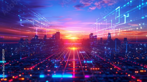 Backdrop of retro technology cityscape on sunset. Digital neon cityscape background. Silhouette of city on horizon. Retro futuristic landscape.