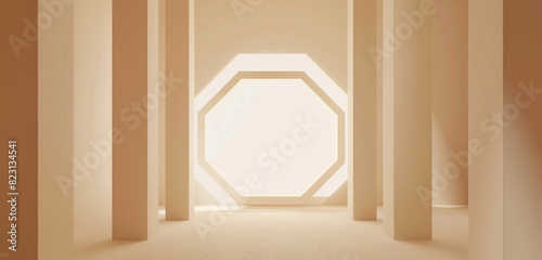 Broader perspective hexagonal frame mockup in a sleek minimalist corridor. photo