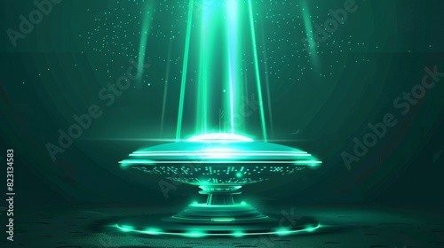 UFO spaceship in green with beam 3D effect modern. Space alien saucer ship technology and fantasy ray glow for energy glitter portal podium. Magic hologram with neon spotlight for future invasion.