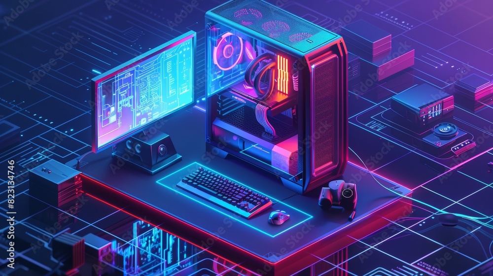 A high-resolution illustration of a gaming PC computer glowing in the dark with a monitor, keyboard, and neon lights. Isometric illustration of a desktop video games computer. Static computer with