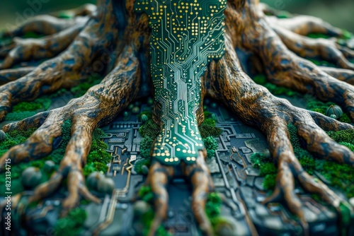 A tree seamlessly integrates with technology, merging natural roots with a complex circuit board, symbolizing the fusion of nature and technology. photo