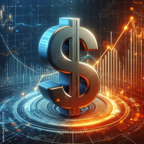 A glowing blue dollar sign in a dynamic digital environment, symbolizing economic and financial concepts with futuristic data and graph elements.. AI Generation