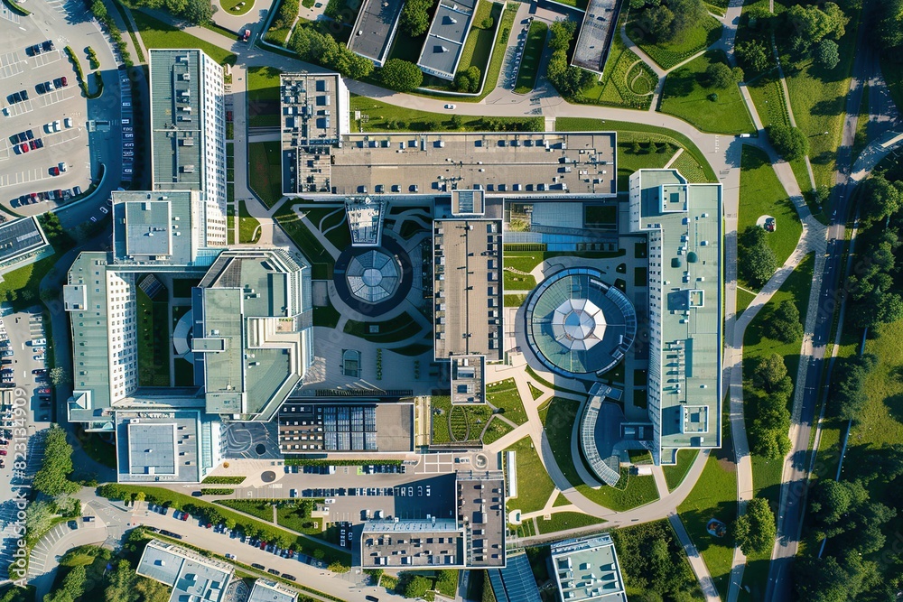 Aerial view of a large hospital complex Aerial view of a large hospital complex