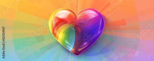 Illustration of a heart in spectrum hues on a gradient background of LGBTQ pride colors.
