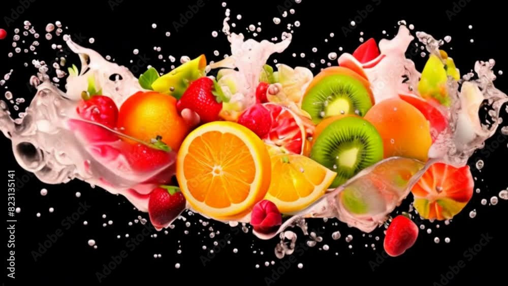 A collection of mixed fruit falling into a juice splash