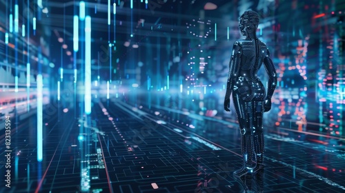 A robot AI trader running on a business chart of a growing stock exchange market. A woman robot trader on the forex market assisted by an AI. An automated trading system. Computer algorithms that