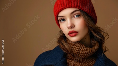 Fashionable confident woman wearing stylish on brown background. Studio fashion portrait. space for text