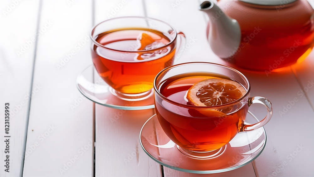 Tangerine tea in glasses on white wooden background selective focus Tangerine tea in glasses on white wooden background selective focus