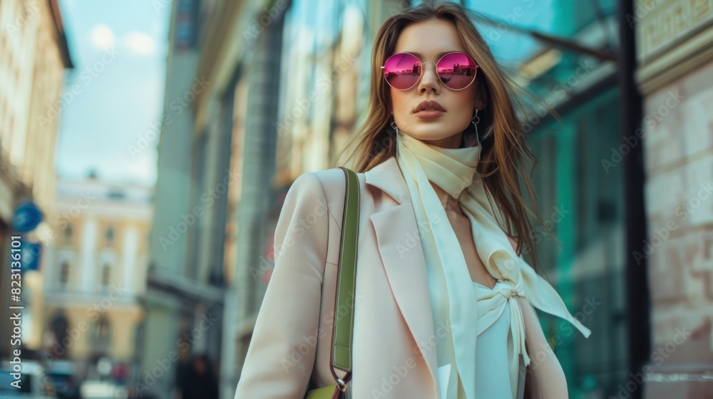 Fashionable elegant confident woman wearing , walking in street of European city. space for text Fashionable elegant confident woman wearing , walking in street of European city. space for text