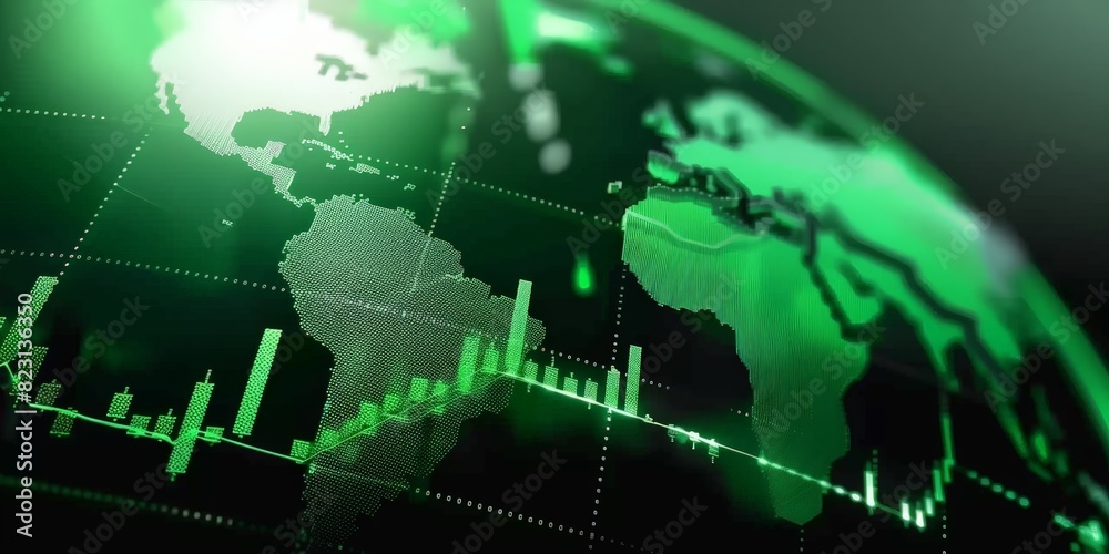 Green stock market graph rising up with digital globe background. Global Stock market rally or recovery concept.stock, cryptocurrency background	
