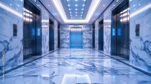 A modern building elevator with marble floor
