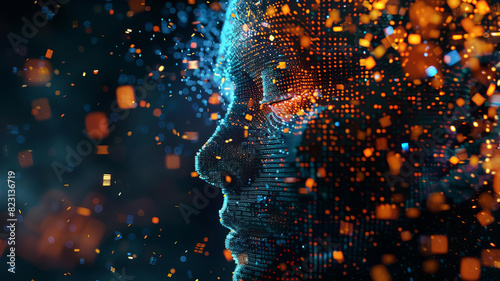 Digital face dissolving into tiny orange and blue squares, on a dark background, representing the blending of technology and human elements