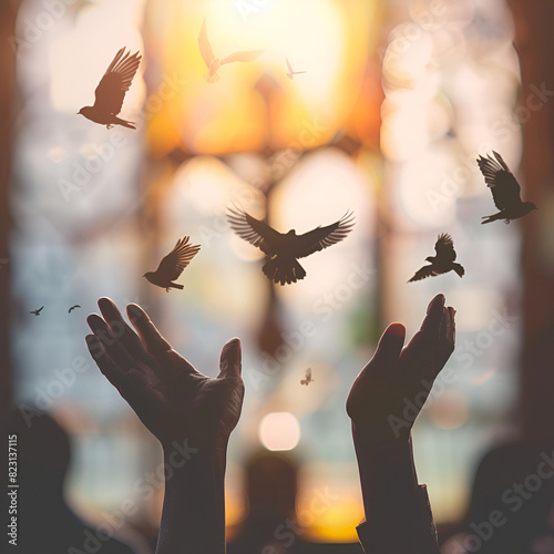 Ascension day concept Silhouette human open two hands and releasing birds in church, generative Ai