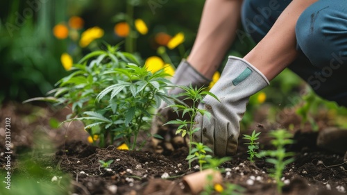 Person gardening cannabis plants at home. Self-sufficiency and organic growth