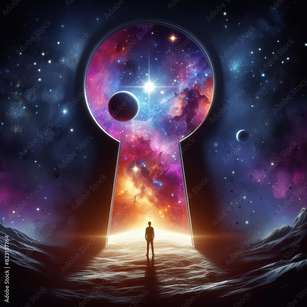 A person stands before a giant keyhole, peering into a vibrant cosmic scene filled with stars and nebulae.. AI Generation A person stands before a giant keyhole, peering into a vibrant cosmic scene filled with stars and nebulae.. AI Generation