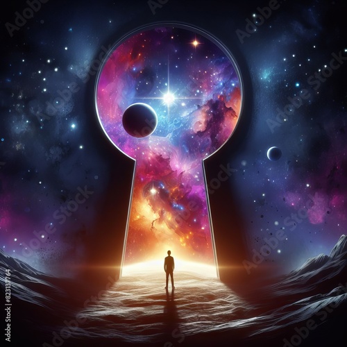 A person stands before a giant keyhole, peering into a vibrant cosmic scene filled with stars and nebulae.. AI Generation