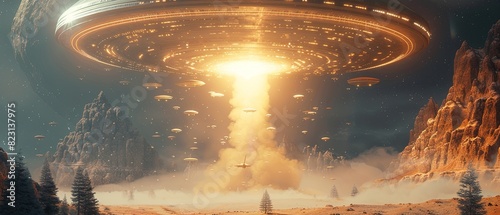 Fototapeta Naklejka Na Ścianę i Meble -  A large, glowing, alien spaceship is hovering over a barren landscape