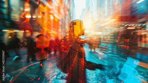ESTP taking bold action in a highenergy situation, close up, focus on dynamism, vibrant, double exposure, urban street backdrop photo