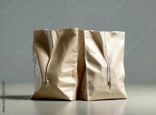 white paper bag, two product paper bags with ziplock isolated on background meno photo