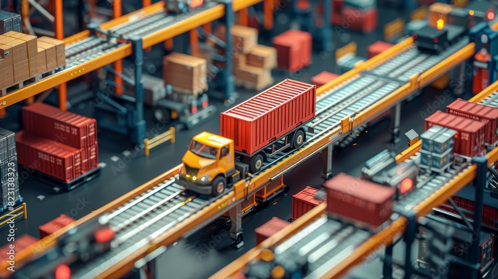 A warehouse with a long aisle of boxes and shelves A warehouse with a long aisle of boxes and shelves