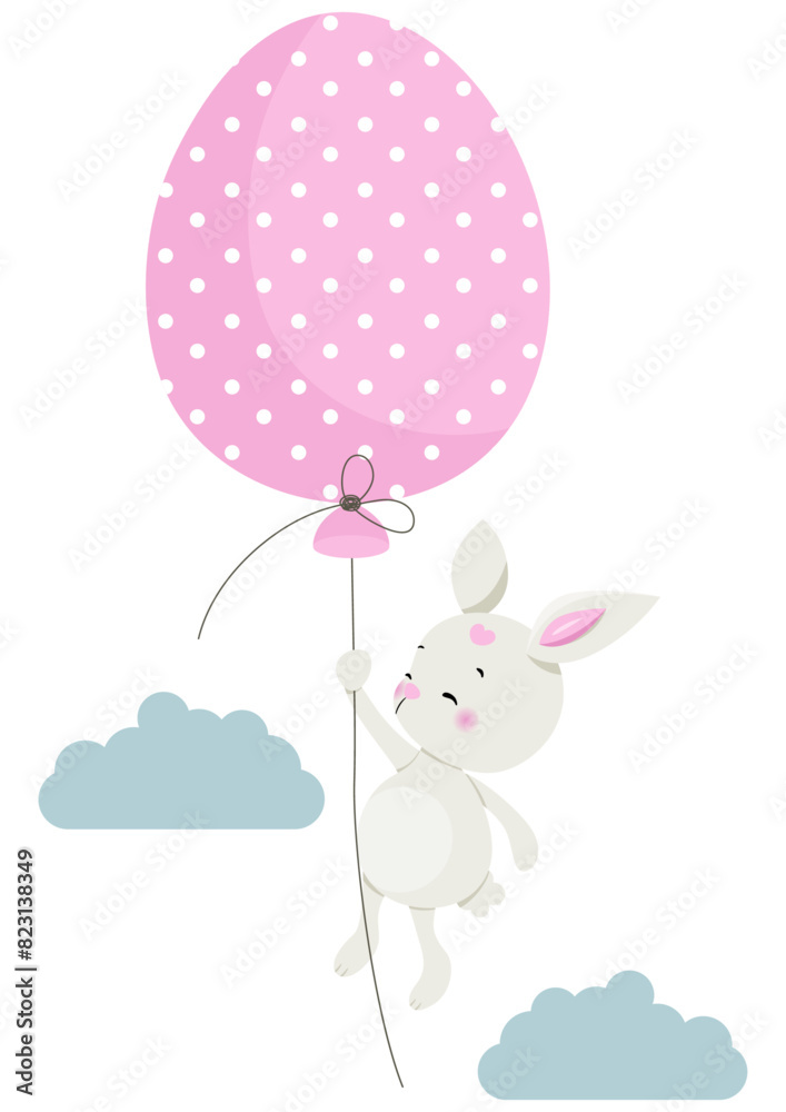 Funny bunny flying with easter egg balloon