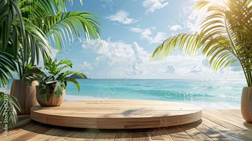 Wooden podium with tropical leaves and beach scene in the background  perfect for summer product presentation