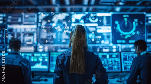 Cybersecurity specialists monitoring and protecting industrial systems in a high-tech control center, with holographic threat maps displayed.