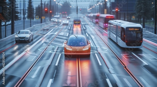 A futuristic autonomous car with illuminated interfaces navigates a busy urban road in the rain, surrounded by other vehicles and a tram.
