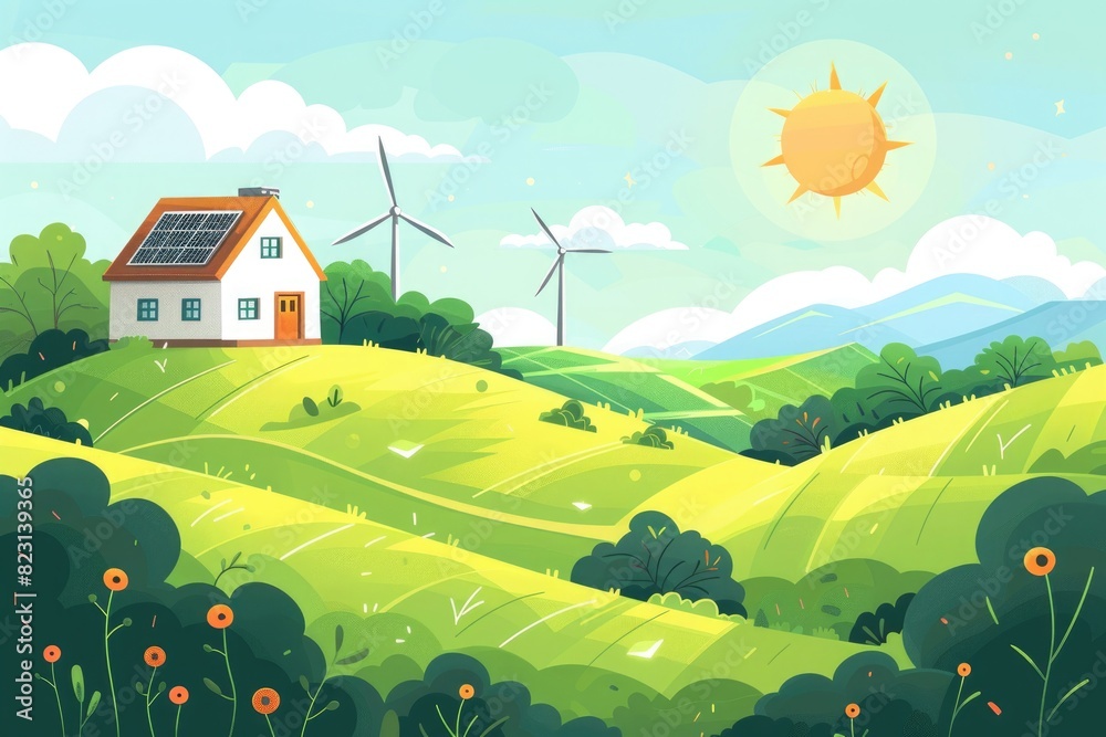 Fototapeta premium Houses and wind power, plain grasslands
