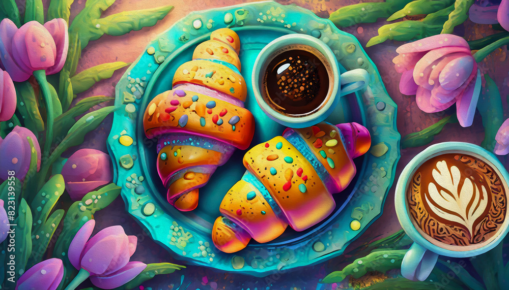 oil painting style cartoon illustration croissants with coffee two french croissants on plate and cup of espresso coffee,