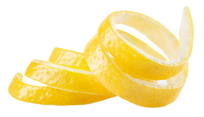 Lemon twisted peel isolated png. Lemon fruit zest on transparent background. PNG format. Citrus zest. No background. Full depth of field.
