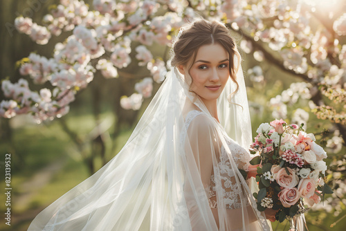 Beautiful bride in a white dress with a long veil