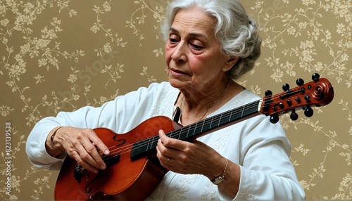 Timeless Melodies: An elderly woman playing a classical instrument with graceful movements, her musical talent and dedication transcending age.
