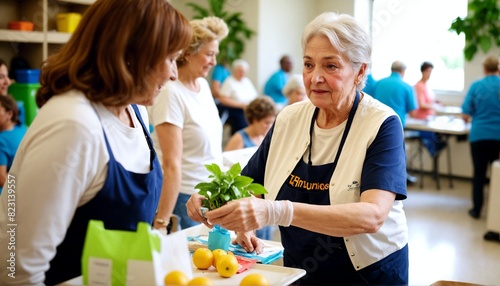 Compassionate Service: An older woman volunteering at a community center, her kindness and selflessness inspiring others to give back and make a positive impact.