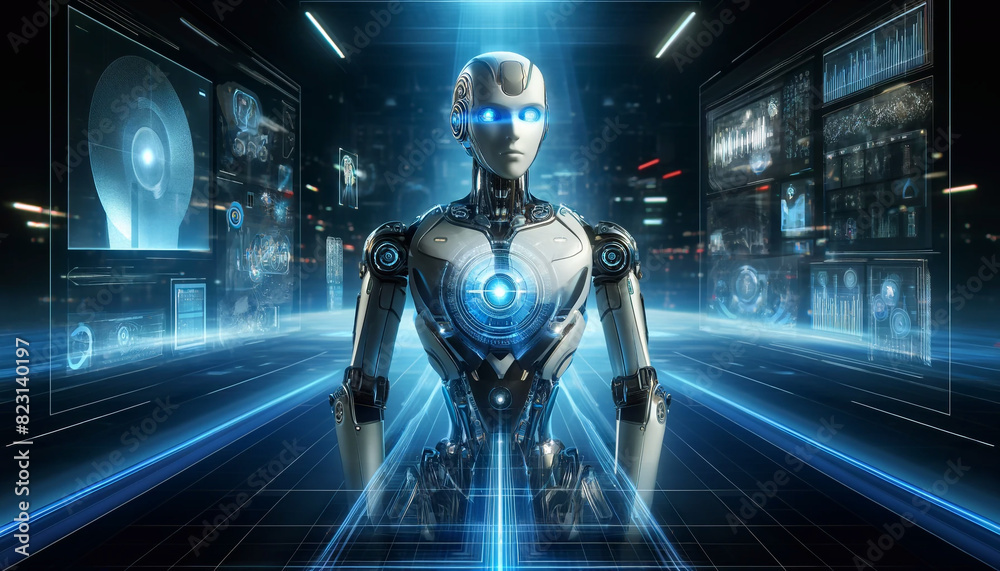A futuristic robot with AI, featuring glowing blue elements on its chest and head, in a high-tech environment with neon lights and surrounded by holographic interfaces. A futuristic robot with AI, featuring glowing blue elements on its chest and head, in a high-tech environment with neon lights and surrounded by holographic interfaces.