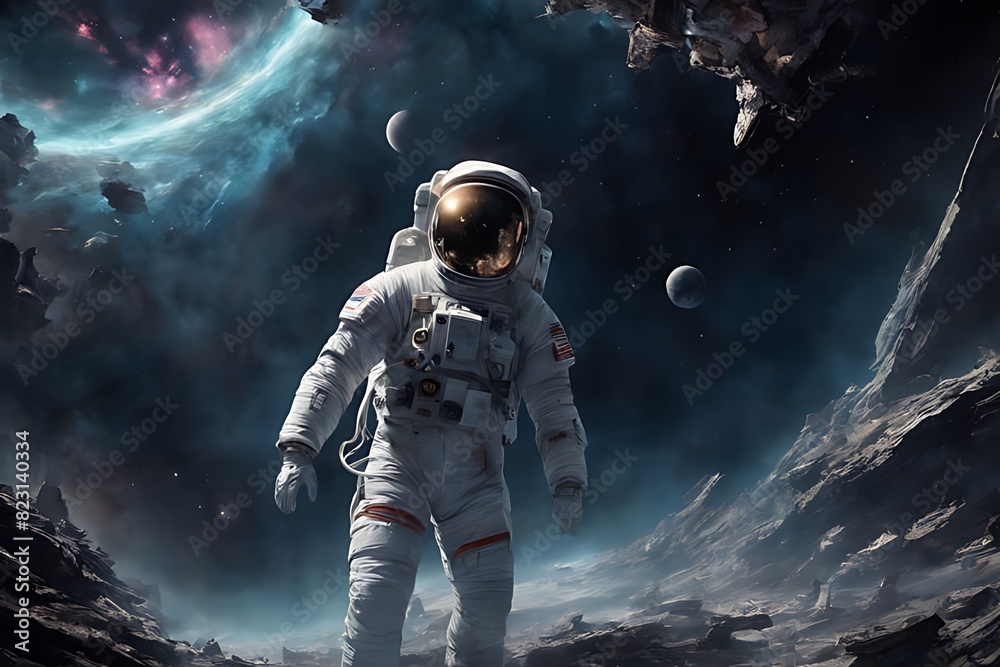 Man in Space Suit Walking Through Rocky Area Man in Space Suit Walking Through Rocky Area