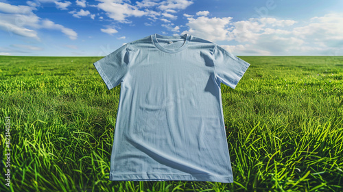 Grassy field enhances the high-resolution shot of a light blue t-shirt mock-up. photo