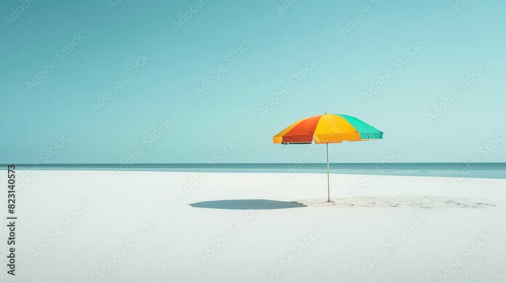 Colorful beach umbrella on a pristine white sand beach with a clear blue sky.