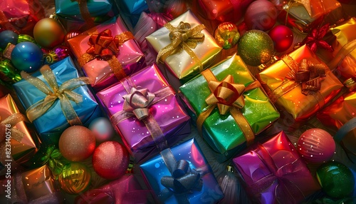 Holiday Gift Boxes with Colorful Decorations and Ribbons