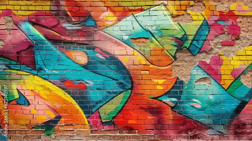 Colorful street art graffiti on a brick wall.