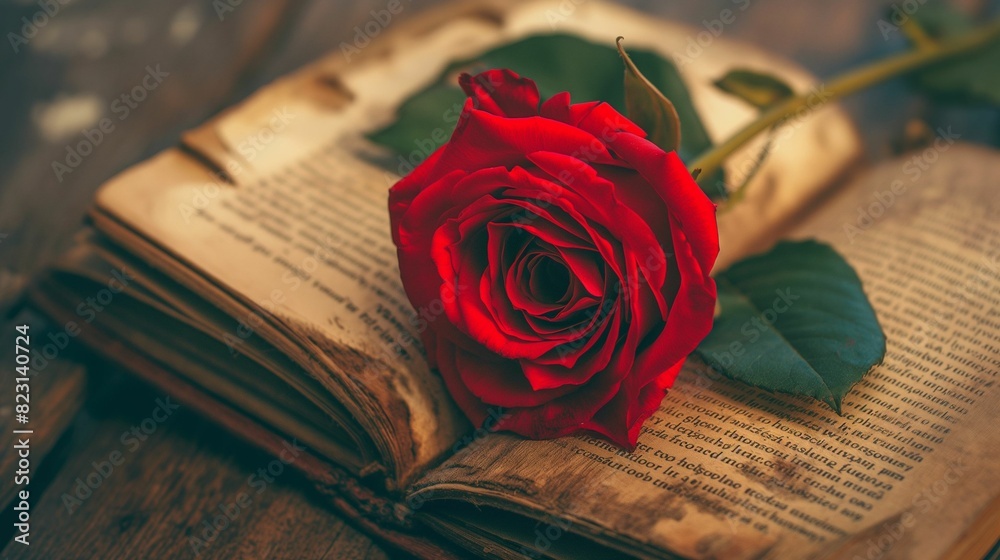 Image of a red rose on an open vintage book. Image of a red rose on an open vintage book.