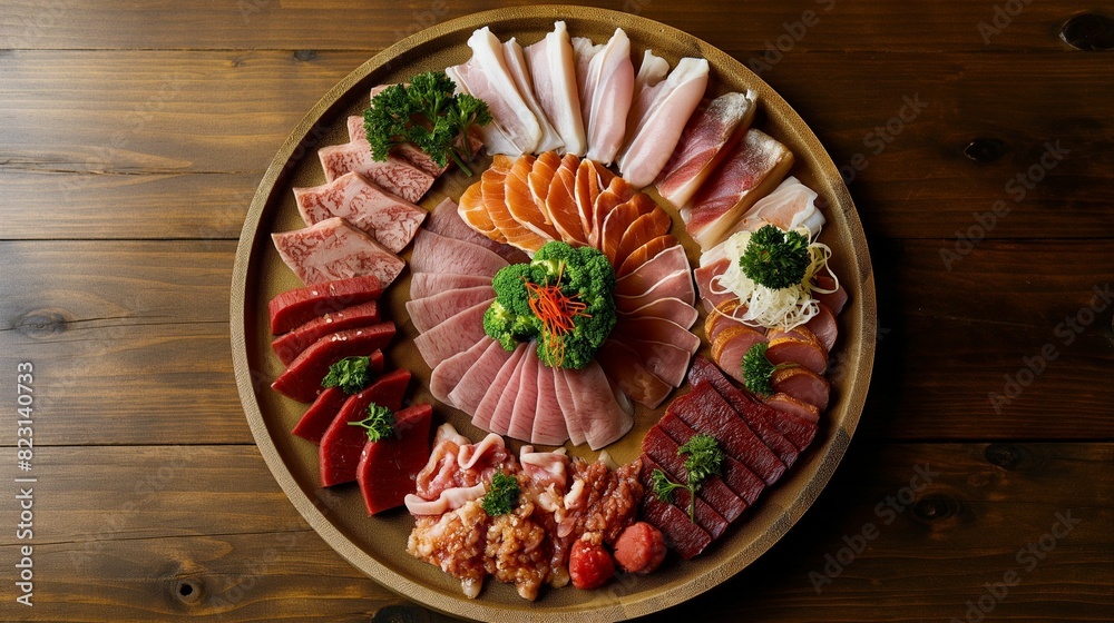 Top view of a plate of elegantly sliced meats.
