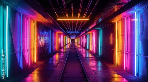 Multicolored neon lamps lined along a dark tunnel.